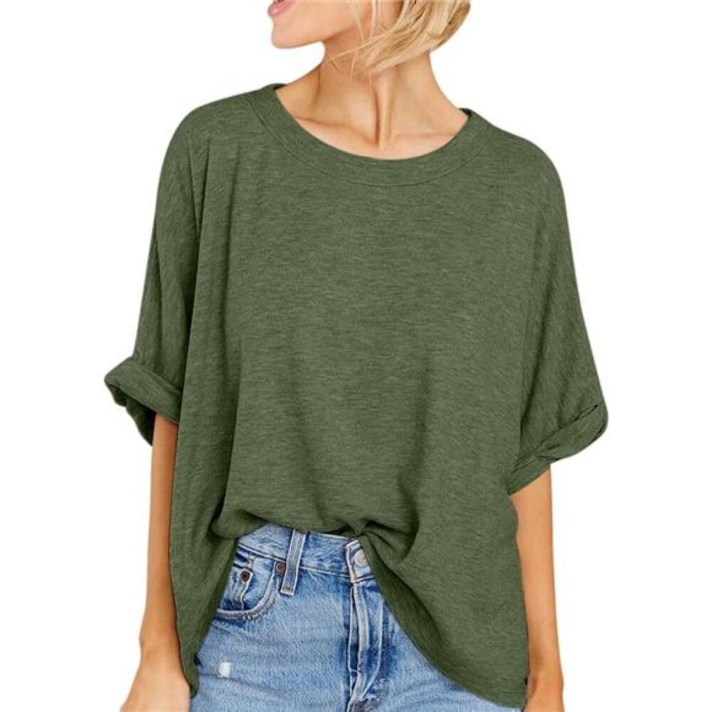 Women Army Green Oversized T-Shirt Summer Casual Short Sleeve Loose Tee‎ Tops